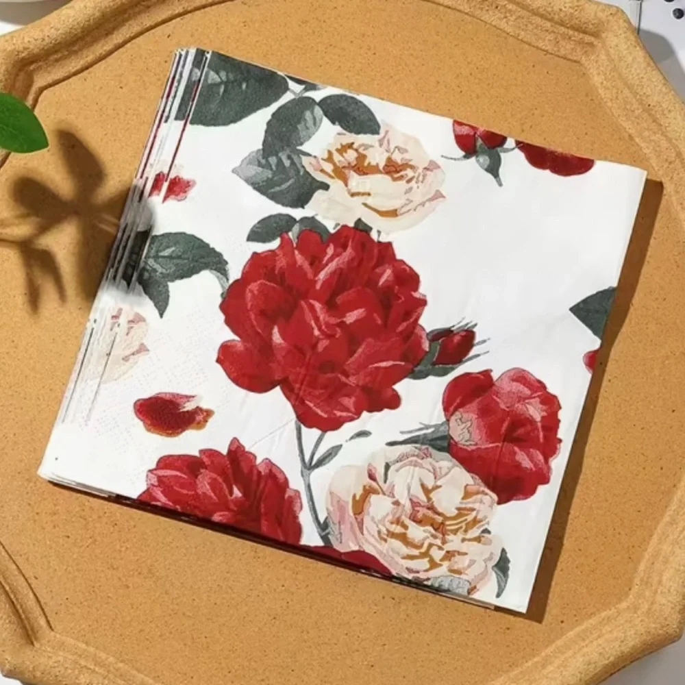 Floral Luncheon Paper Napkins with Red and Cream Roses, 20 ct